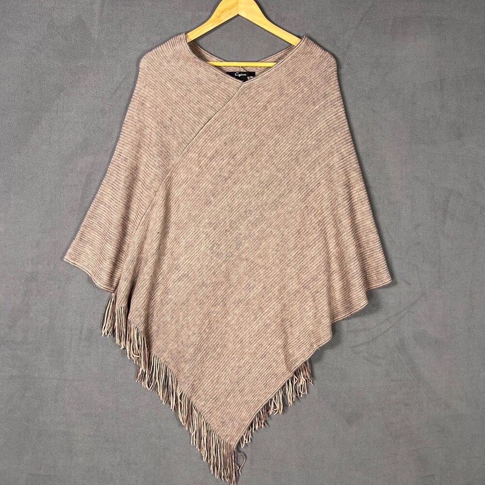Cejon OSFM C1432 Knit Poncho Shawl Fringe Hem Pink Neutral Boho Cottagecore